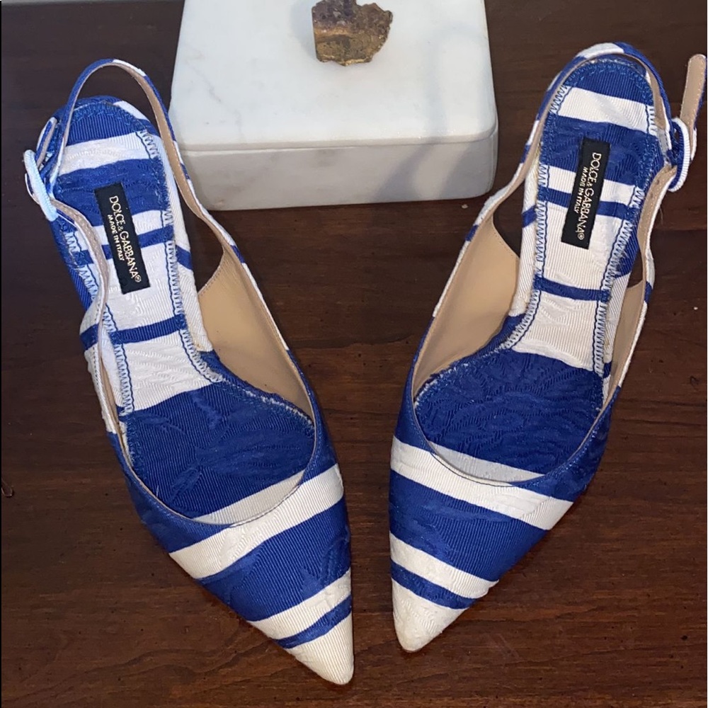Dolce & Gabbana Blue and White Stripe Brocade Fabric Pointed Toe Sandals - Picture 11 of 11